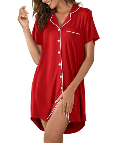 Hagmeu Button Down Sleepshirt for Women Nursing Nightgown Delivery and Labor Gown for Hospital Short Sleeve Maternity Breastfeeding Dress Red,Small