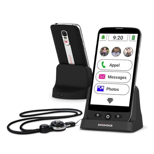 swissvoice - Smartphone S510-C + Socle Chargeur + Lanière Tour De Cou - Facile à Utiliser - Grosses Touches - Bouton SOS Géolocalisation - Smartphone Seniors 4G - Débloqué - Noir