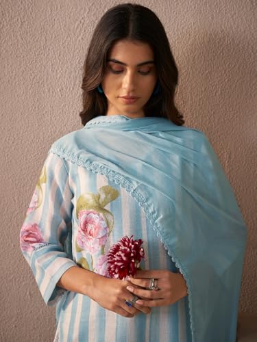 Image of INDO ERA Women's Straight Linen Floral Print with Beads Work Kurta Pant with Dupatta Set (IEOUT9824)