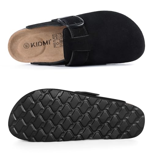 KIDMI Genuine Suede Clogs for Women Memory Foam Cork Footbed Potato Shoes Slip On Leather Mules with Big Buckle