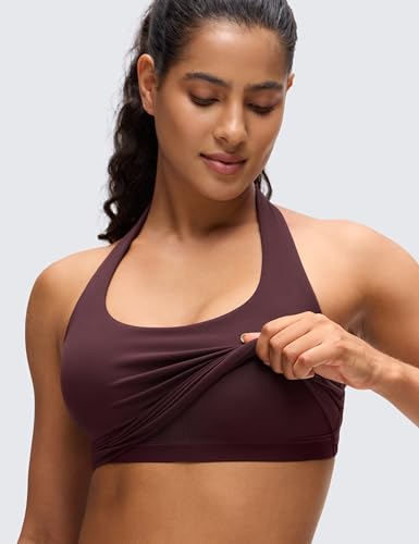 Image of CRZ YOGA Butterluxe Halter Crop Tank Tops | Light Support, Removable Pads, Yoga, Extremely Soft, Open Back, Longline Sports Bras for Women