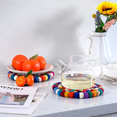 2 Pieces Felt Ball Trivet Round Felt Ball Coasters Handmade Trivet Multi Color Pot Mat Colorful Hot Plate Holder Heat Resistant Pot Holder For Table Desk Kitchen Decor Accessories #TOP3