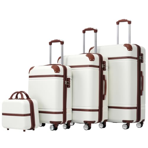 4-Piece Hardshell Luggage Set with TSA Lock 20 24 28 Inch Lightweight Spinner Suitcase and Cosmetic Case Durable Travel Luggage Sets (White + ABS)