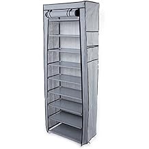 Shoe Cabinet, 10-Layers 9 Lattices Non-woven Fabric Shoe Rack with Dustproof Cover Closet Shoe Storage Cabinet Organizer Grey