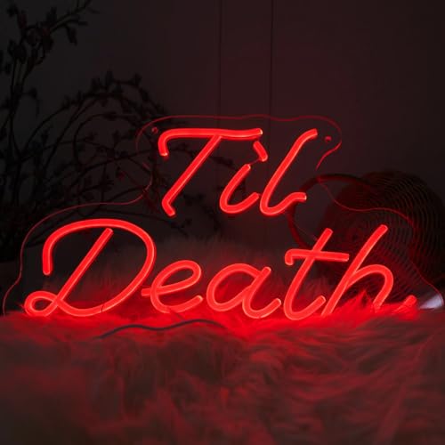 Image of Til Death Wedding Neon Sign, USB Powered Neon Signs with Dimmer and Sticky Hook, Hanging LED Light Sign Valentines Day Decorations, Home Decor for Bedroom Party Wall 16.93 x 11.42 inch