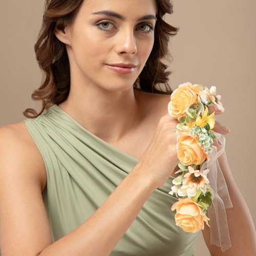 Image of Radhu & Kabby Peach Orange Floral Hair Tiara for Women | Artificial Rose Crown with Ribbon Tie | Elegant Headpiece for Weddings, Parties, Photoshoots & Festivals | Lightweight | 1 Pc
