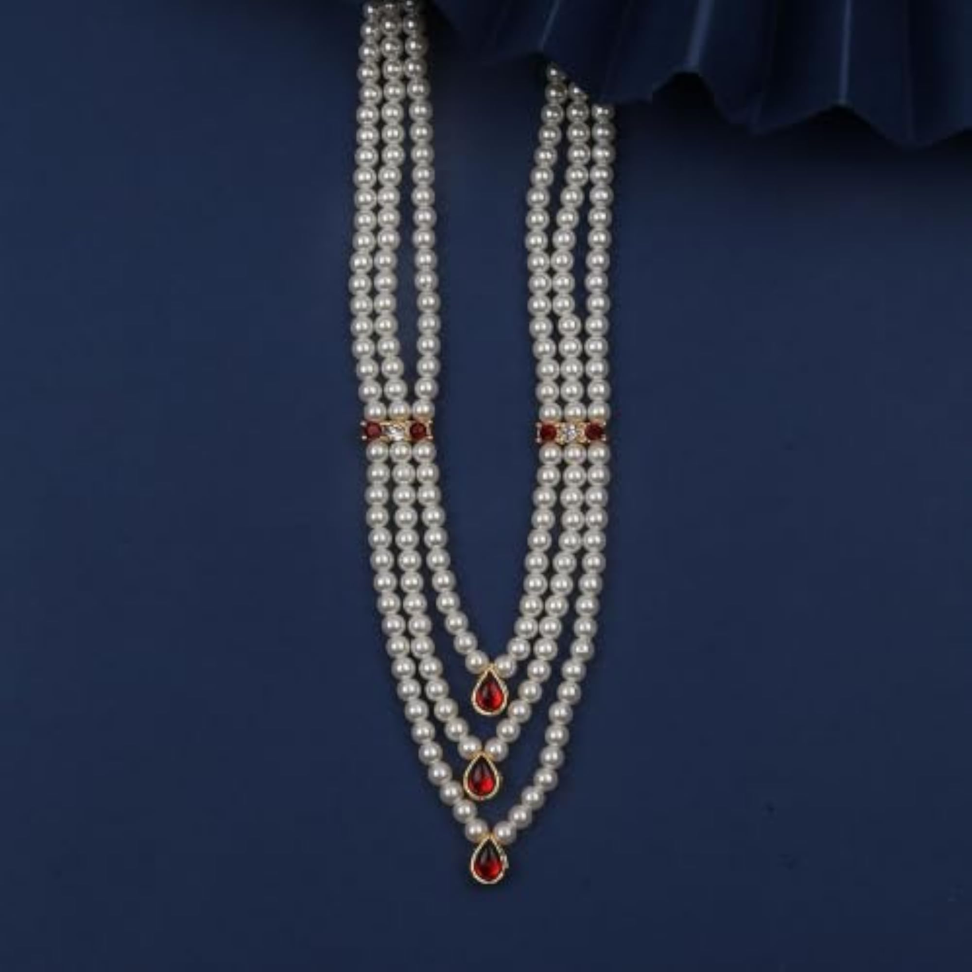 Women's Trendy Golden Finish Three Layer White Pearl Mala Necklace
