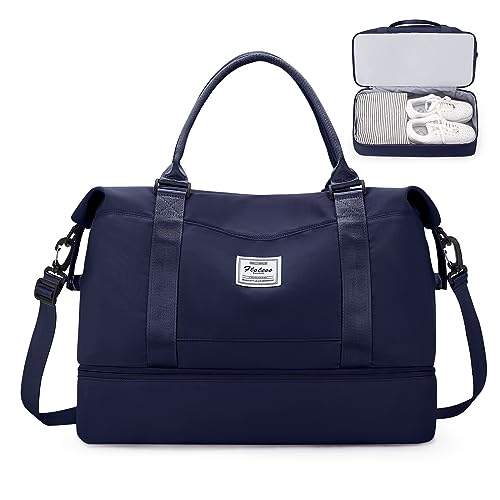 SYCNB Weekender Bags for Women, Personal Item Travel Bag with Shoes Compartment, Overnight Travel Duffel Bag with Wet Pocket & Trolley Sleeve,Gym Bag,Navy Blue