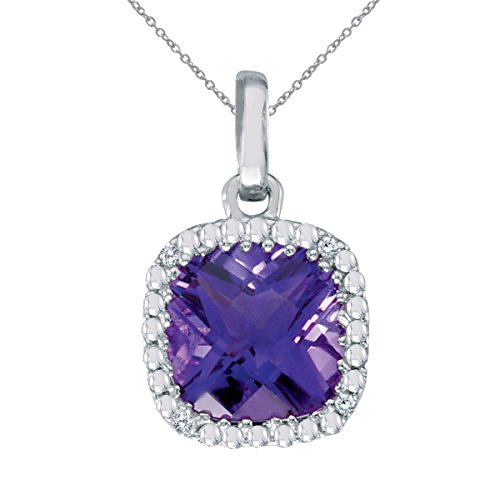 14k White Gold Cushion Cut Amethyst And Diamond pendant with