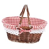 YARNOW Cesta de Picnic Tejida a Mano de Mimbre con Asa Móvil, Tamaño 32x25x14 Cm, Color Marrón con Cuadros Rojos, Cesta Portátil para Almacenamiento y Uso en Exteriores, Organizador