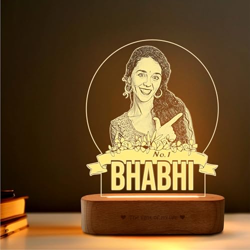 Image of ZOCI VOCI Personalized Rakhi Gift for Bhabhi, Custom UV Printed LED Photo Lamp, Warm White Acrylic Night Lamp with Wooden Base, Customized Photo Gift for Sister-in-Law, Rakshabandhan Gift