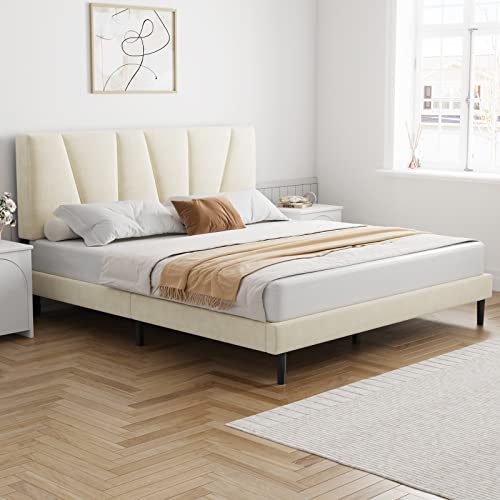 Molblly Queen Bed Frame Upholstered Platform With Headboard And Strong Wooden Slats, Strong Weight Capacity, Non-Slip And Noise-Free,No Box Spring Needed, Easy Assembly,Beige #TOP6