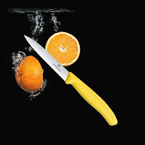 Image of Victorinox Kitchen Knife, Stainless Steel Swiss Made Vegetable Cutting and Chopping Knife, Serrated Edge, 10 cm, Yellow