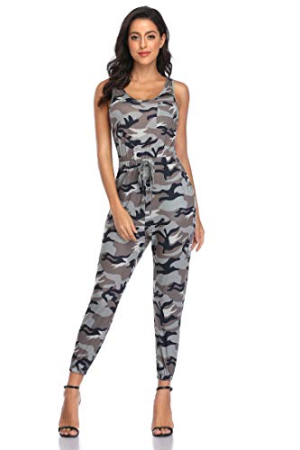 MYHALF Women's Sleeveless Camouflage Print Jumpsuits Elastic Waist Loose Romper Size L(US 4-6)