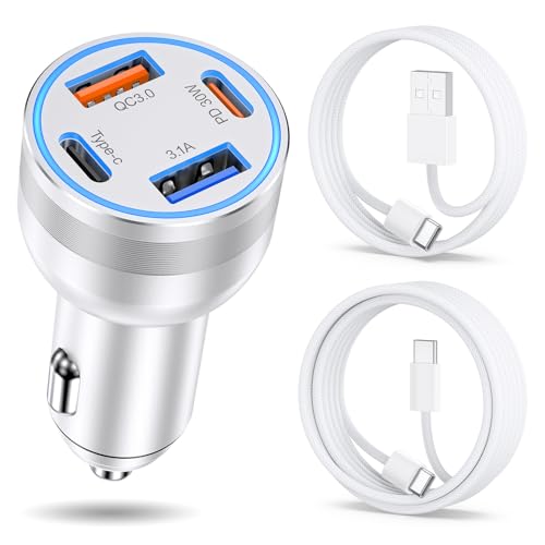 Avatcen - Car Charger USB C Fast Charging, 65W 4 Port Type C Car Adapter, Fast Cigarette Lighter Adapter USB Charger with 2Pack USB A Cable & USB C Cable for iPhone 17 16 15 14 13 12 Pro Max,Samsung Galaxy,iPad