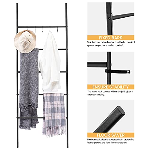 Hoobro Towel Rack, Blanket Ladder, 5-Tier Ladder Shelf, Decorative Wall Leaning Ladder Rack, 22.8" Wide Holder, 5 Hooks, Blanket Holder, Display Rack For Bathroom, Black Bk62Cj01G1 #TOP3