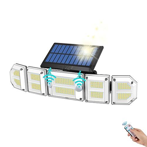 Solar Outdoor Lights Motion Sensor Light Outdoor,5 Heads Security Lights Solar Powered,300 LED Flood Light with 2 Sensors,270 Wide Lighting Angle with 3 Modes for Garden Patio Yard