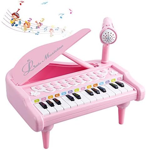 Okreview Piano Toy for Toddler Educational Keyboard Baby Music Instruments with Microphone, 1 2 3 4 Year Old Girls Birthday Gift Pink (24 Keys)