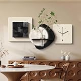 Orologio decorativo da parete, decorazione moderna da appendere con quadrante in arenaria e mosaico in legno massello, orologio decorativo silenzioso al quarzo con vaso e verde artificiale per