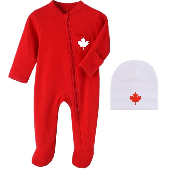 2-Piece Baby Canada Set, Custom Handmade Canada Maple Leaf Long Sleeve Footed Zippered Baby Bodysuit and Hat Set (Bright Red, 3-6 months)