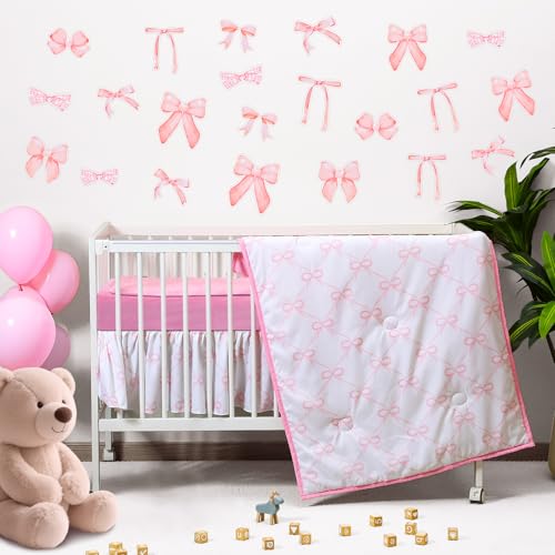 Image of SmoothNovelty 5 Pcs Pink Bow Crib Bedding Set Include Print Crib Sheets Bed Skirt Comforter Pad Cover Wall Stickers for Girls Princess Nursery Room Decoration