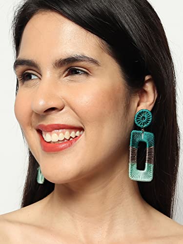 Rf Rizir Fashion Colorful Rainbow Thread Boho Statement Hoop Handmade Rattan Geometric Round Oval Rectangle Shape Stylish Lightweight Winter Drop Dangle Earrings For Women Girls New Year Gift (Blue Grey Mix) #TOP3