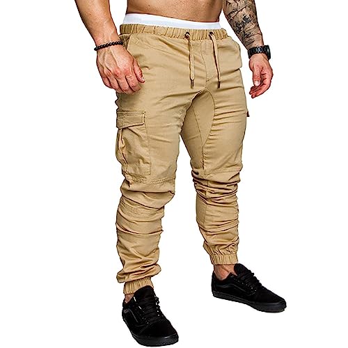 Plilima Cargo Trousers for Men Work Joggers Sweatpants Slim Fit Cargo Pants Drawstring Jogging Bottoms Khaki L
