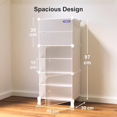 Image of BOXJOY 6 Shelf Shoe Rack with 3 Translucent Doors, 5 Hook Steel Holder & Wooden Hammer, Home Storage PP Plastic Organizer with Metal Door Frame to Cover Chappal Slipper Sandals Shoes Box Stand (White)
