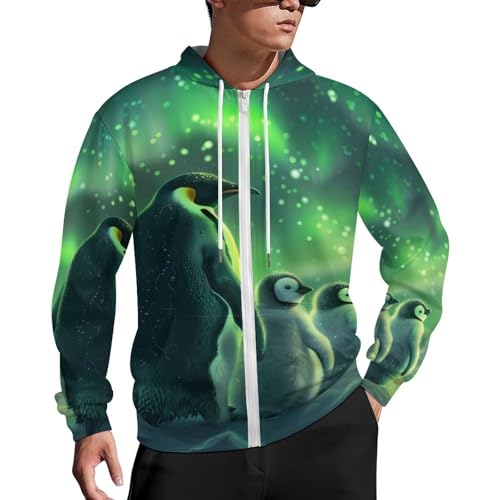 Green Aurora Borealis Penguin Men's Zip Up Hoodie Lightweight Soft Hooded Sweatshirts Casual Jacket Coat