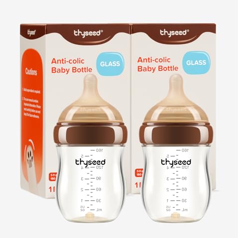 Thyseed Anti-Colic Glass Baby Bottle for Breastfed Infants, Paced Feeding, Breast-Like Newborn Medium Flow Nipple (2m+), 5 oz, 2 Pack
