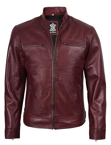 Image of fjackets Mens Leather Jacket - Real Lambskin Cafe Racer Jacket Stand Collar Moto Biker Zip Jacket For Men