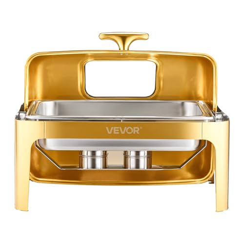 VEVOR Roll Top Chafing Dish Buffet Complete Set, 9Qt Stainless Steel Chafer with Full Size Pan, Rectangle Catering Warmer Server with Visible Lid Water Pan Folding Stand Fuel Holder Meal Clip, Gold by VEVOR - Image 2