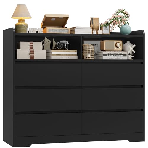 FOREHILL Commode Chambre Commode 6 Tiroirs 3 Étagères Ouvertes Commodes Chambre Adulte Meuble Armoire de Rangement pour Salon Bureau Couloir Noir 120x40x100cm