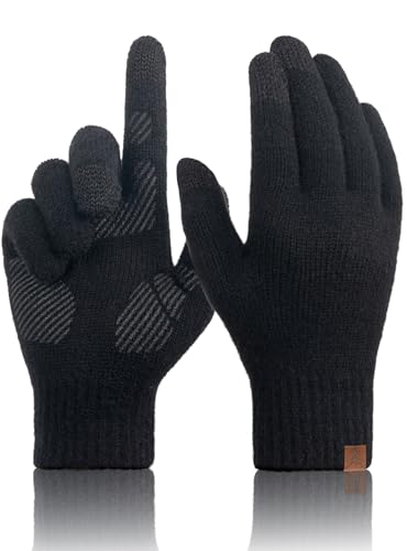 Guantes Invierno Hombre de Lana Merino, Guantes Termicos de Punto Tactiles Movil Smartphone para Hombre Mujer, Tejido Cálido Suave Ideal para Senderismo Bicicleta Deporte Correr Aire Libre - Negro L