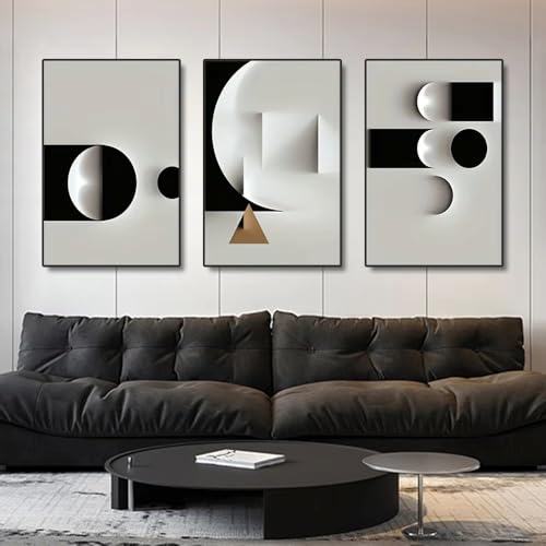 Peintures sur toile abstraites géométriques noir et blanc triptyque salon 30x40cm sans cadre
