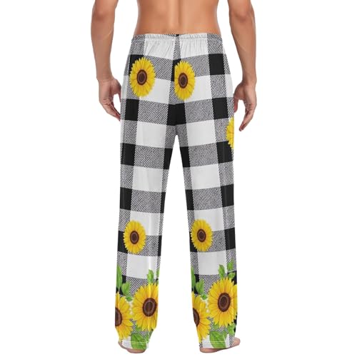 Black White Plaid Sunflower Lightweight Stretch Men Pajama Pants, Mens Lounge Pants with Pockets S2
