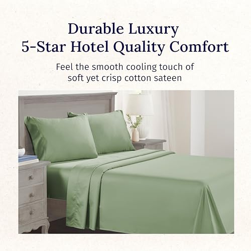 California Design Den Natural 100% Cotton Bed Sheets Twin Size Set - Luxury 600 Thread Count Sateen, Fully Elasticized Deep Pocket Sheet Set, Cool and Durable Hotel Quality Bedding - Laurel Green