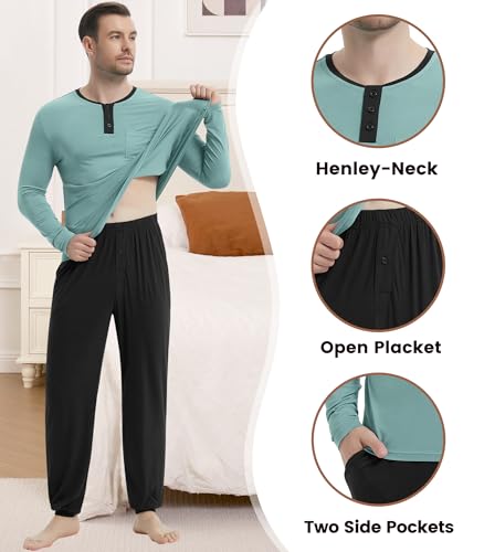 Image of NACHILA Mens Pajamas Set Long Sleeve Henley Sleepwear Top Soft Jogger Pants Pajamas Cool Pjs Set,Viscose Made from Bamboo