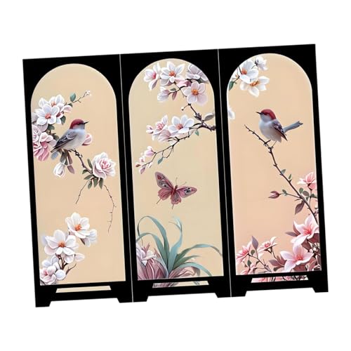 Mini écran de bureau pliable à 3 panneaux - Paravent d'intimité pour dessus de table - Motif oiseaux chinois et fleurs - 24 x 20 cm