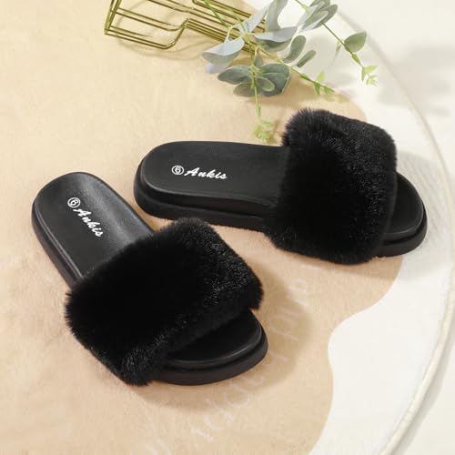 Ankis Women's Pink Black Grey Camel Fur Slides - Cute Chic Soft Platform Slides with Open Toe