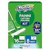 Swiffer Panni Catturapolvere, 1 Scopa E 16 Ricariche Dry + 8 Panni Lavapavimenti Wet, Cattura E Intrappola Polvere E Sporco, Raggiunge I Punti Più Difficili, Ottimo Per Tutti I Tipi Di Pavimenti