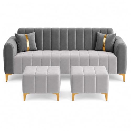 Image of FURNY Harmony 5 Seater L Shape Sofa Set with 2 Movable Ottoman & Golden Legs | Flexible Left or Right Layout | Plush Velvet Fabric (Dark Grey-Light Grey) | Perfect For Living Room, Guest Room & Office