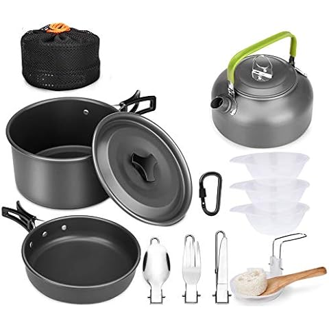 YDPlaier Camping Cookware Kit,Outdoor Cooking Set with Kettle,Lightweight Camping Pot and Pan for 2 to 3 People Cover