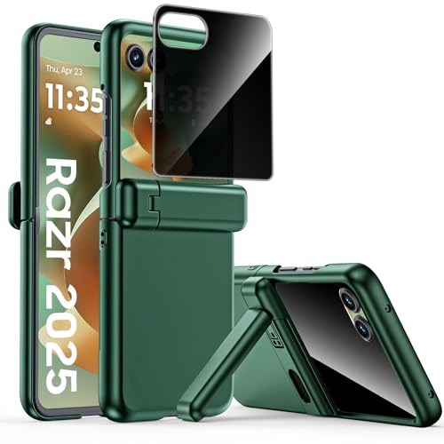 Spugan for Motorola Razr 2025/2024 Case,[Built-in Screen Protector] [Hinge Protection] Slim Matte PC Rugged Durable Shockproof Cover for Razr 2025/2024 with Stand, Green-Privacy
