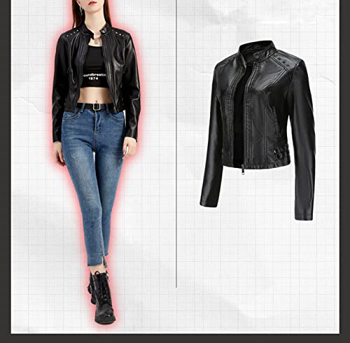 Easyoyo Jaqueta de Couro Falso Feminino para Motociclistas Casaco de Couro Slim PU Curto com Bolsos