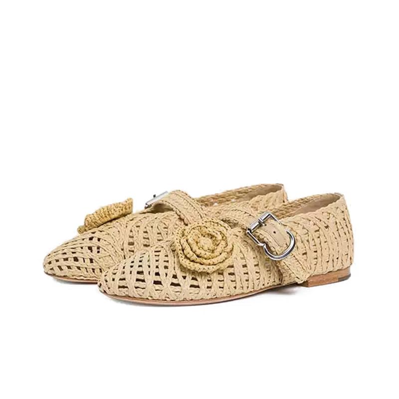 Woven Ballet Flats for Women Round Toe Mary Jane Shoes with Flower Comfortable Buckle Ballerina Flats Shoes3