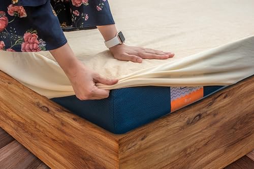 Image of Flo Aloe Vera Infused Mattress Protector - Waterproof & Washable | 100% Cotton | Mattress Cover in Beige Color (Queen Size, 84x78 Inches)