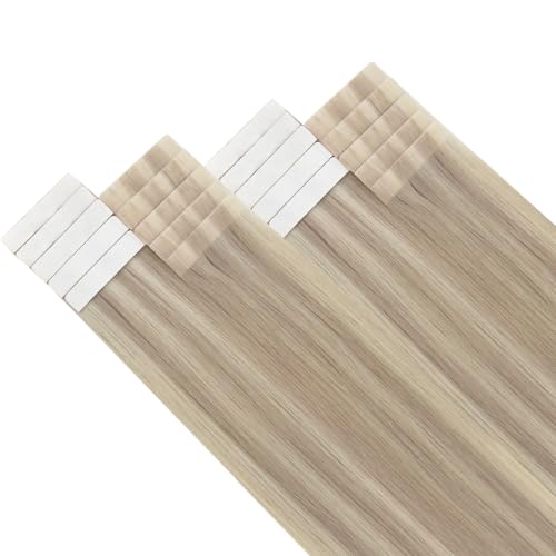 Image of LaaVoo Tape in Hair Extensions Human Hair Invisible Seamless Tapes in Ash Blonde with Bleach Blonde Hair Extensions Tape in Human Hair Silky Straight 16 Inch 50g 20Pcs
