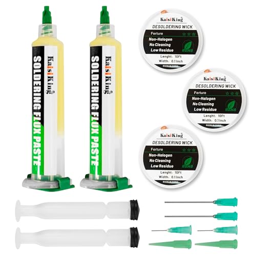 Kaisiking No Clean Soldering Flux Paste (10cc) & Desoldering Wick Kit - Premium Rosin Solder Flux for Electronics Repair, 0.1