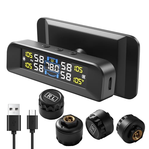 4 Sensors TPMS Tire Pressure Monitoring System, 6 Smart Safety Alerts, Adaptive Bright LCD, Solar/USB Charging, 0-6 Bar/87 PSI, Easy to Intall on Windshield for Car SUV MPV Trailer Truck